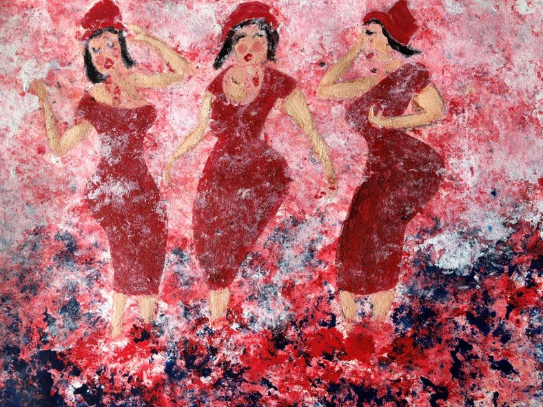 Tre kvinnor i röda klänningar - Three women in red dresses