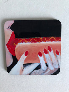Coaster "Kvinna som äter korv (Woman eating sausage)"